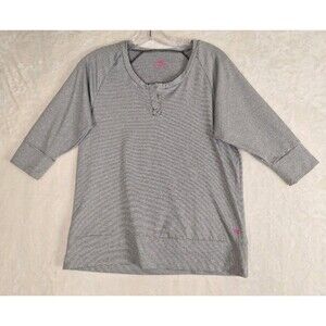 PL Movement Womens M Henley Top Striped Black Gray 3/4 Sleeve Stretch Comfort